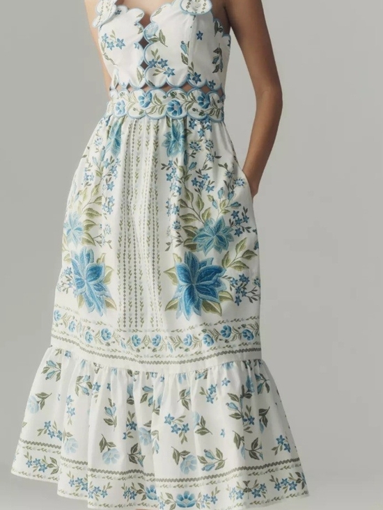 FARM Rio Dresses & Skirts - FARM Rio White Midi Dress with Blue and Green Floral Embroidery